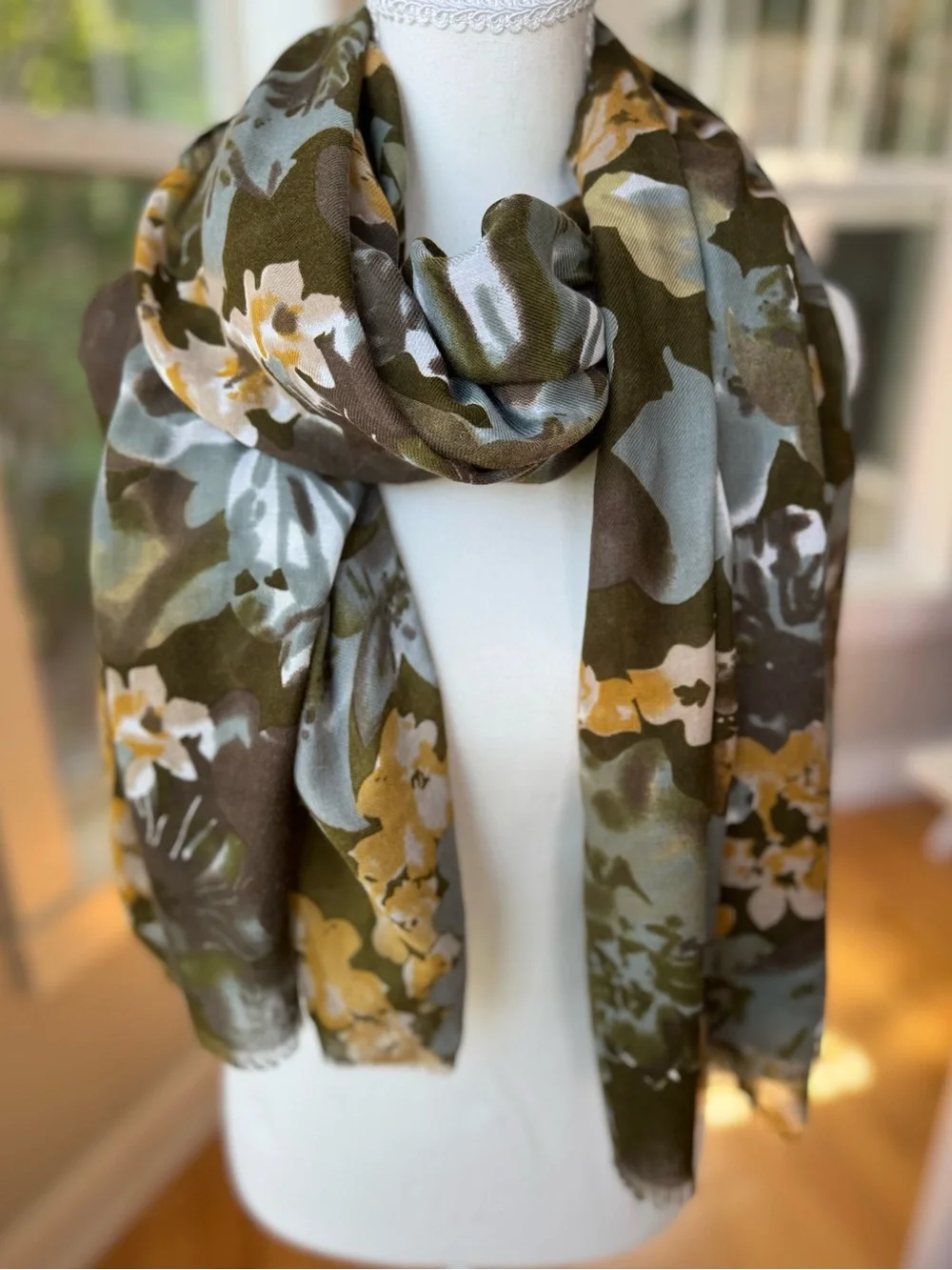 Vintage Olive Green Floral Woven Rectangle Wrap Scarf